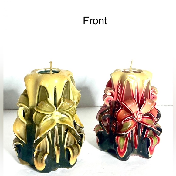 Set of 2 Unique vintage Artisan  hand carved 70s Glow ribbon candles Not Used. - Picture 3 of 9